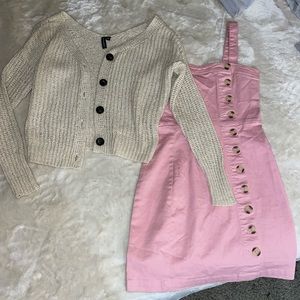 Beige Size XS Cardigan & Pink Size XS Jean Dress